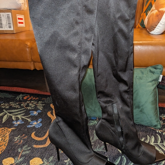 Over-the-knee Nylon Peep-Toe Boots - Picture 3 of 4